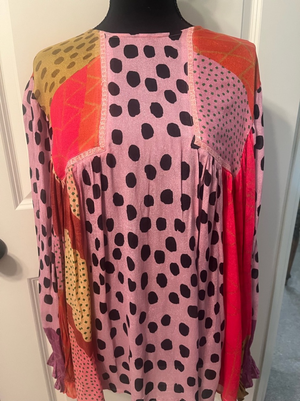 Anthropologie Mixed Print Polka Dot Patchwork Blouse in Pink and Coral